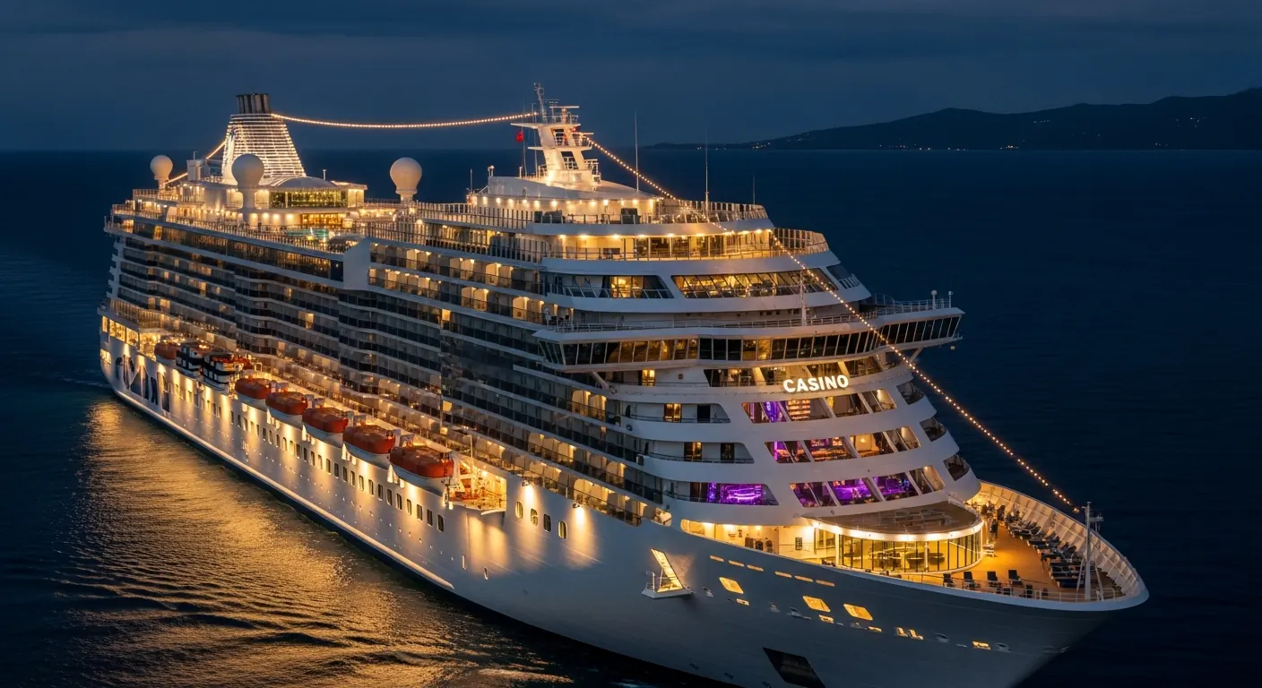 Cruise ship sailing at golden hour